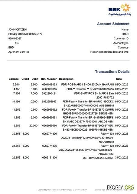 Relevé de compte de la Banque de Bahreïn de Bahreïn et du Koweït (BBT) Modèle Word et PDF